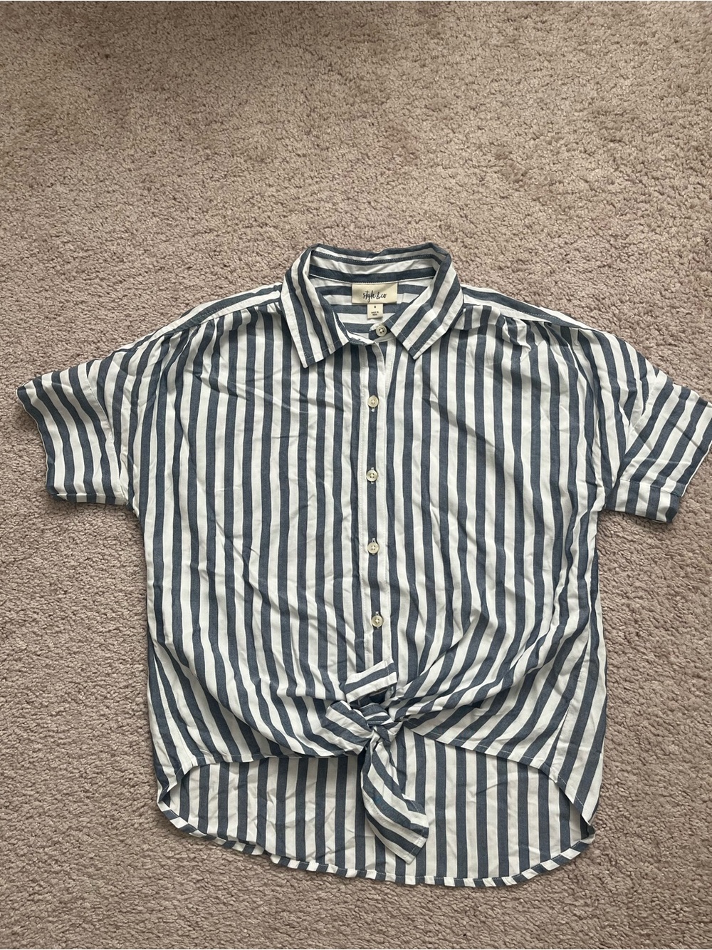 Style & Co. Blue and White Striped Button-Front Tie Hem Shirt